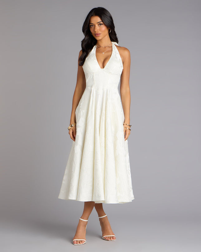 Shop a formal dress like the Ellen Lace-Up Halter A-Line Midi Formal Dress, designed with a sleek silhouette, luxe fabric, and elegant detail for special events.