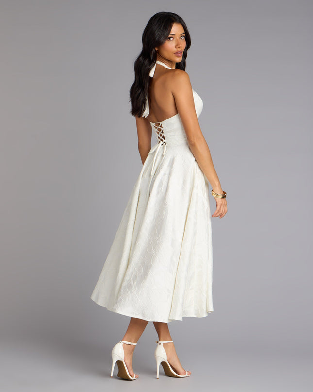 Discover a formal dress like the Ellen Lace-Up Halter A-Line Midi Formal Dress featuring a flattering fit, smooth fabric, and refined design for any formal occasion.