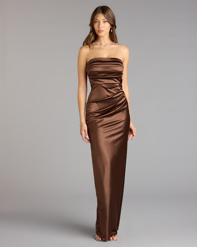 Brianna Satin Strapless High Slit Column Dress