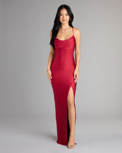 Natalie Cowl Neck Lace-Up Slit Column Dress