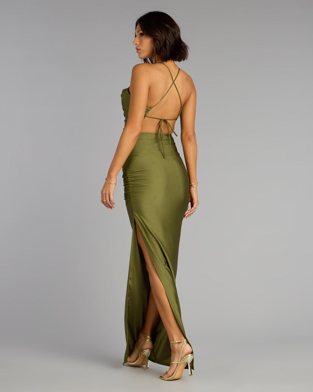 Stefani Lace-Up Slit Formal Dress