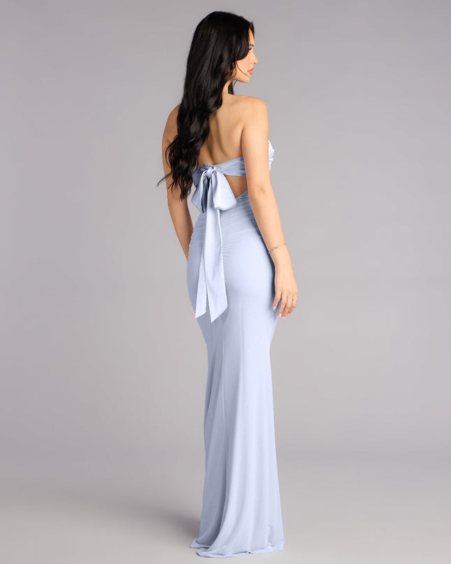You’ll have effortless movement and dreamy vibes all night in the Iris Satin Tie-Back Mesh Mermaid Dress—a light blue prom dress made for twirling, posing, and showing up.