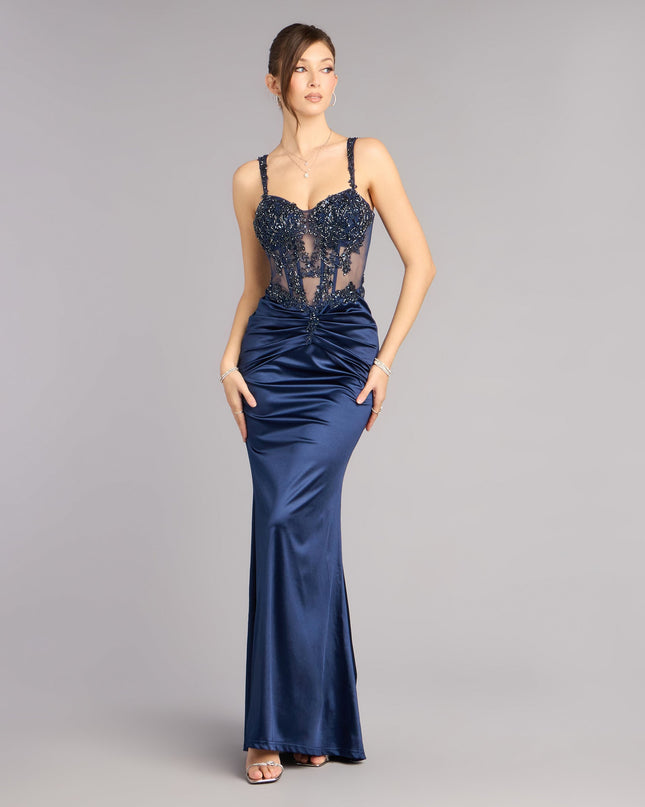 Shop a formal dress like the Tiffany Satin Beaded Corset Formal Dress in navy blue, designed with a sleek silhouette, luxe fabric, and elegant detail for special events.
