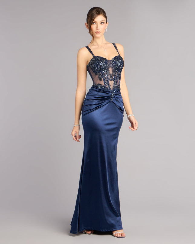 Discover a formal dress like the Tiffany Satin Beaded Corset Formal Dress in navy blue featuring a flattering fit, smooth fabric, and refined design for any formal occasion.