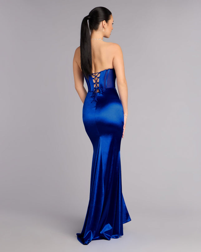 Discover a formal dress like the Serenity Satin Slit Lace-Up Formal Dress in royal blue featuring a flattering fit, smooth fabric, and refined design for any formal occasion.