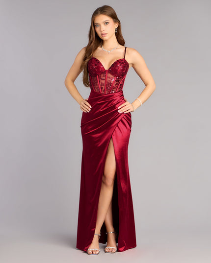 Jaylene Satin Corset Slit Formal Dress
