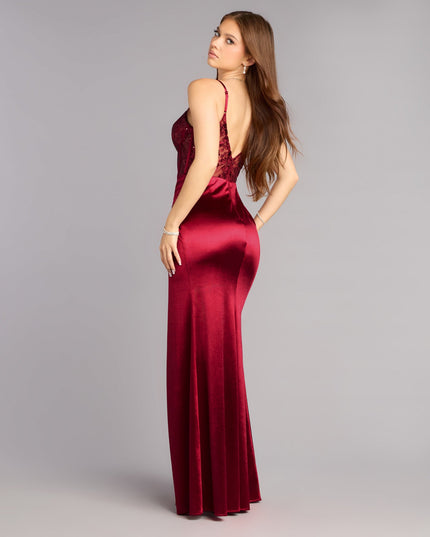 Jaylene Satin Corset Slit Formal Dress