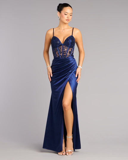 Jaylene Satin Corset Slit Formal Dress