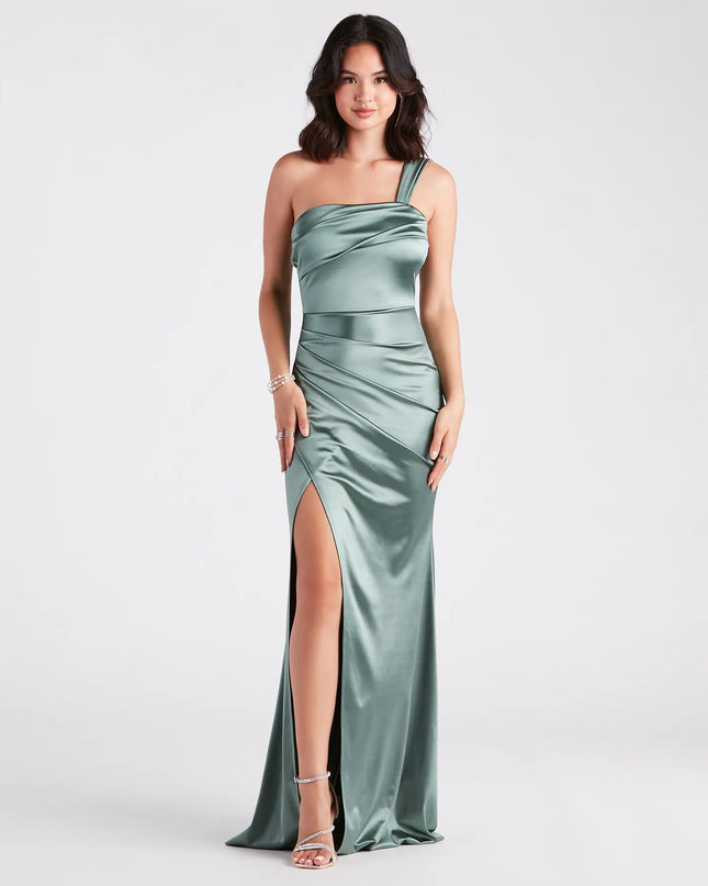 Feel polished and confident in the Kathie Formal Satin One-Shoulder Dress, a olive green prom dress designed with luxe fabric and modern detail that shows off your vibe.