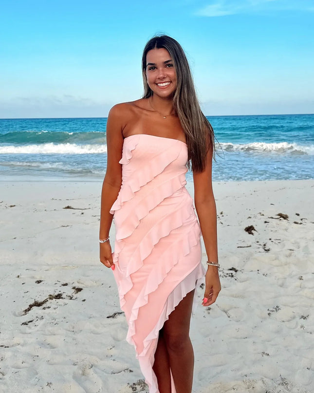 Feel ready for every dance floor moment or feed-worthy reel in the Gabby Formal Mesh Strapless Ruffle Long Dress, a pink homecoming dress designed to own your moment.