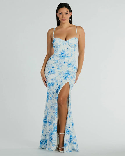 Elia High Slit Floral Crepe Mermaid Dress