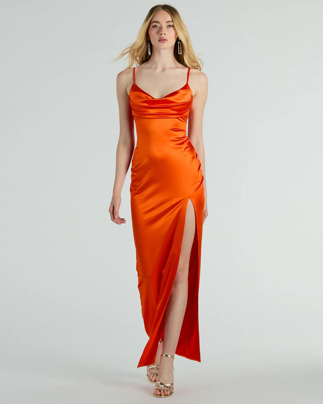 Feel polished and confident in the Laverne Formal Satin Lace-Up Column Dress, a orange prom dress designed with luxe fabric and modern detail that shows off your vibe.