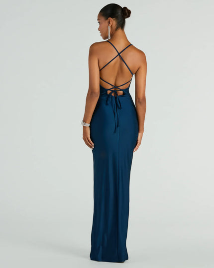 Natalie Cowl Neck Lace-Up Slit Column Dress