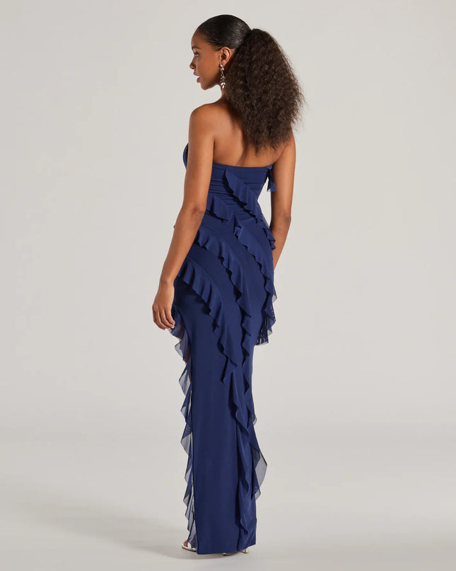 Gabby Formal Mesh Strapless Ruffle Long Dress in navy blue, a stunning maid-of-honor dress with a flattering fit and romantic details, perfect for spring wedding themes.