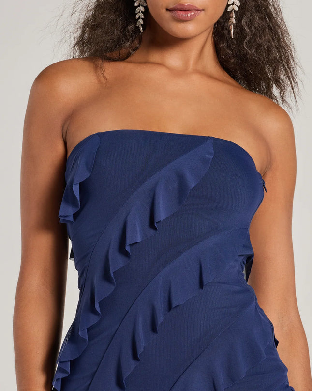 Make a bold statement in the Gabby Formal Mesh Strapless Ruffle Long Dress in navy blue, the perfect dress for Prom 2026, formal wedding guest attire, or military ball.
