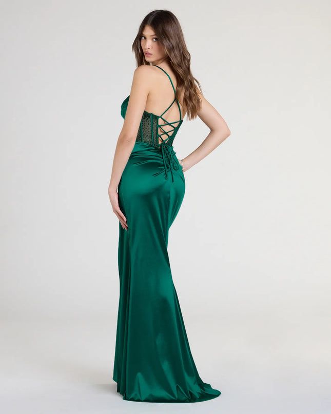 Style your seasonal looks with the Gabbie Lace-Up Rhinestone Corset Satin Formal Dress, a trend-right, emerald green spring dress designed for any plan on your calendar with new and unqiue details.