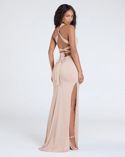 Ayla Lace-Up Slit Mermaid Glitter Formal Dress