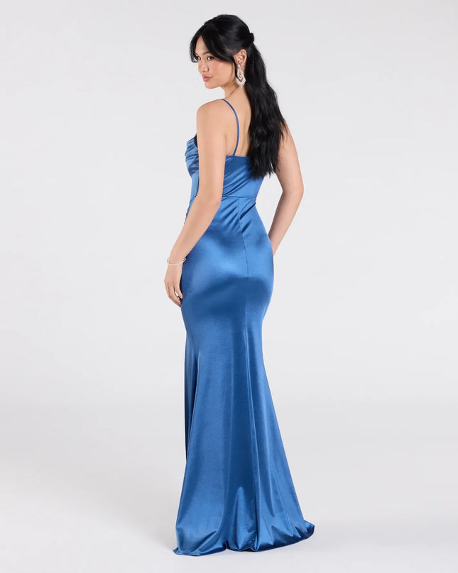 Step into the Prom 2026 dance in the Jazmine Cowl Neck Slit A-Line Satin Formal Dress in denim, a stunning blue prom dress designed to complement any theme with its timeless allure and statement-making style.