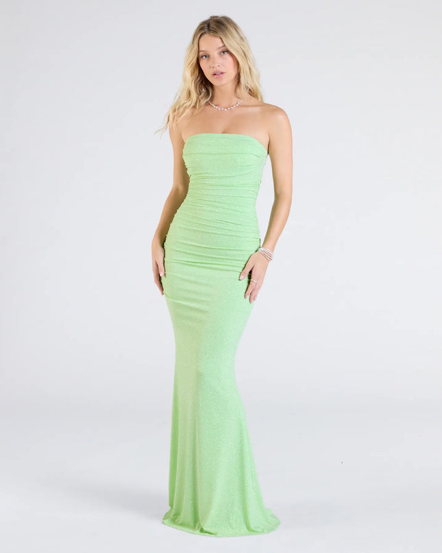 The Mischka Strapless Mermaid Glitter Formal Dress is your new go-to lime green dress—effortless, versatile, and made to update your party-ready style in seconds.
