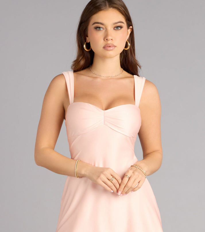 Shop a mini dress like the Cute Crush Knit A-Line Mini Dress in pink with a curve-hugging shape, playful length, and chic detail for any occasion.