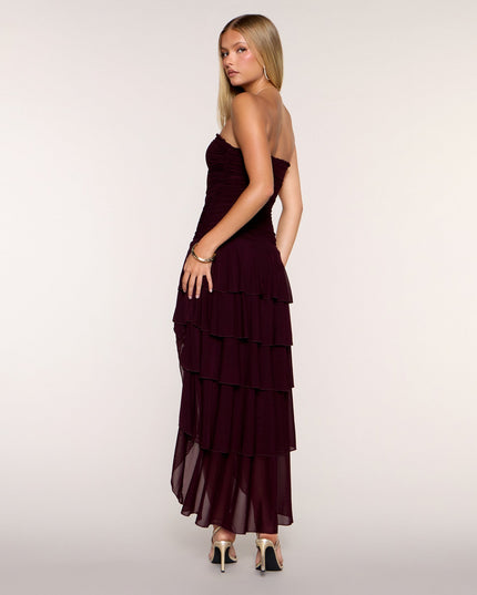 Ruffle Theory Ruched Strapless High Slit Maxi Dress
