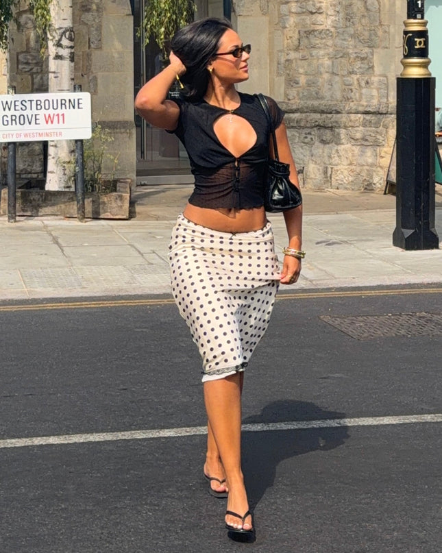 Flirty Mode Polka Dot Mesh Cutout Top