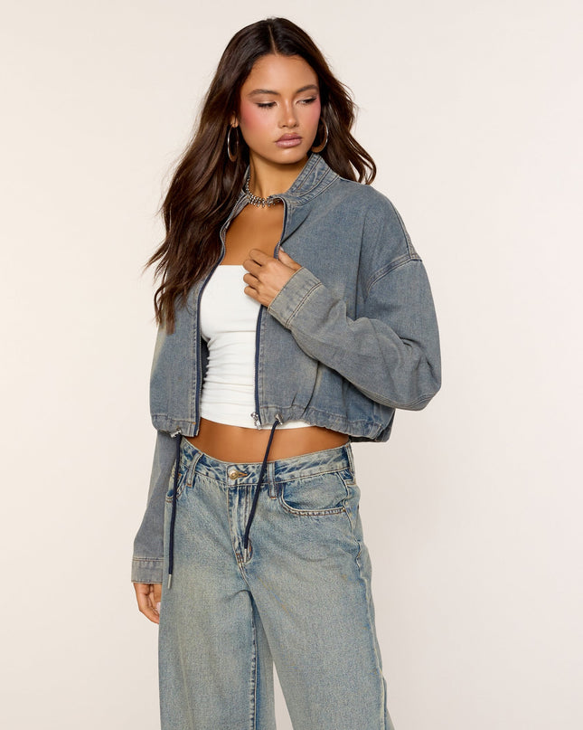 Zip Into It Mock Neck Denim Jacket