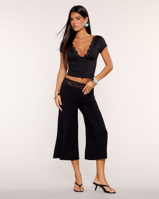 Sheer Detail Lace Waist Gaucho Pants