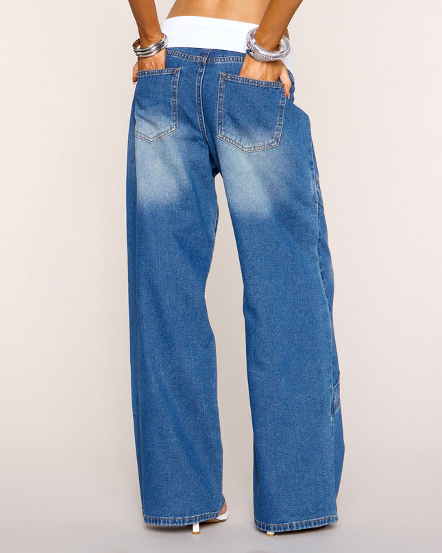 Contrast Code Knit Waist Wide-Leg Jeans