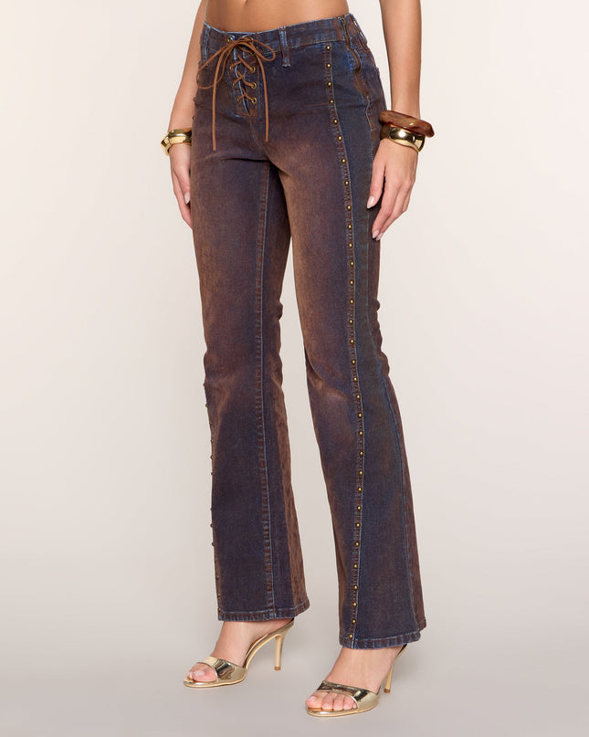 Edge Effect Studded Lace-Up Flare Jeans