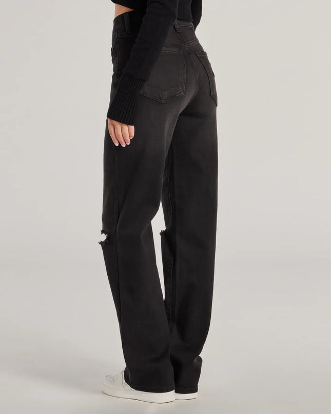 The High-Rise Distressed Boyfriend Jeans is a trendy women's bottom in black, designed with modern details and alluring textures to complete chic outfits for 2026.