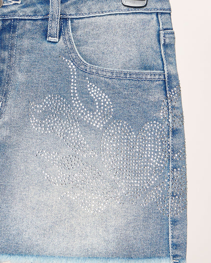 Love Studded Rhinestone Heart Mid-Rise Denim Skort