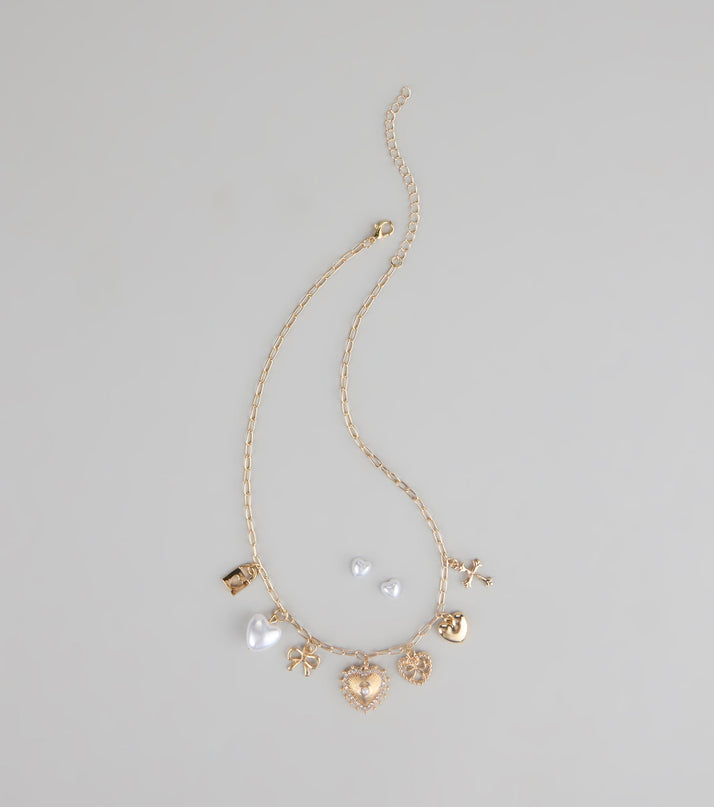 Sweet on You Charm Necklace And Heart Studs