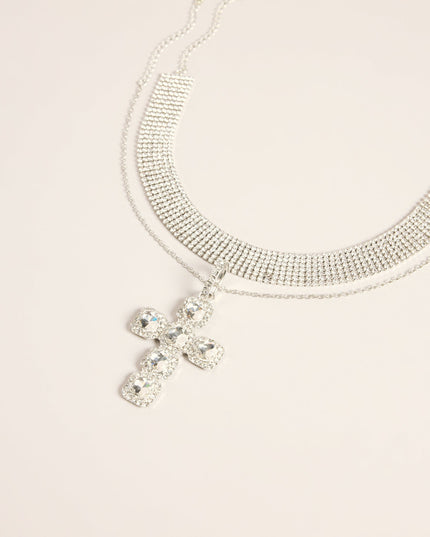 Cross Check Rhinestone Layered Choker