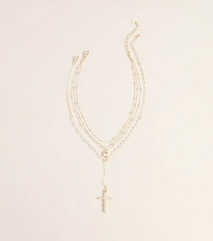 Blessed With Layers Pearl Cross Necklace Set