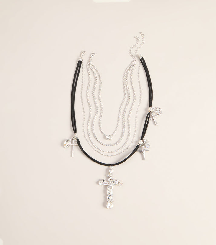 Cross My Heart Rhinestone Layered Necklace Set