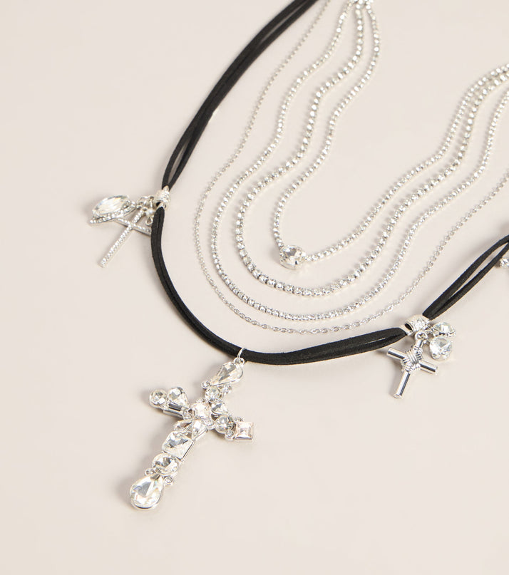Cross My Heart Rhinestone Layered Necklace Set